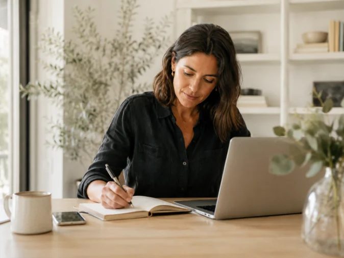 A self-employed client working at her laptop