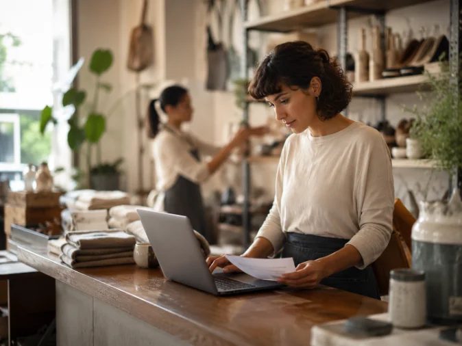 A small business owner reviewing paperwork in her shop